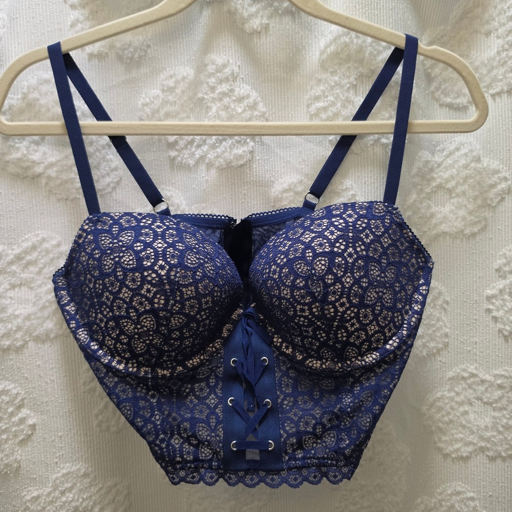 Victoria's Secret Navy Blue Floral Lace Padded Demi Bustier Corset Top 38C